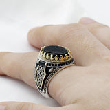 Black Oval Stone Crown Bezel Signet Ring