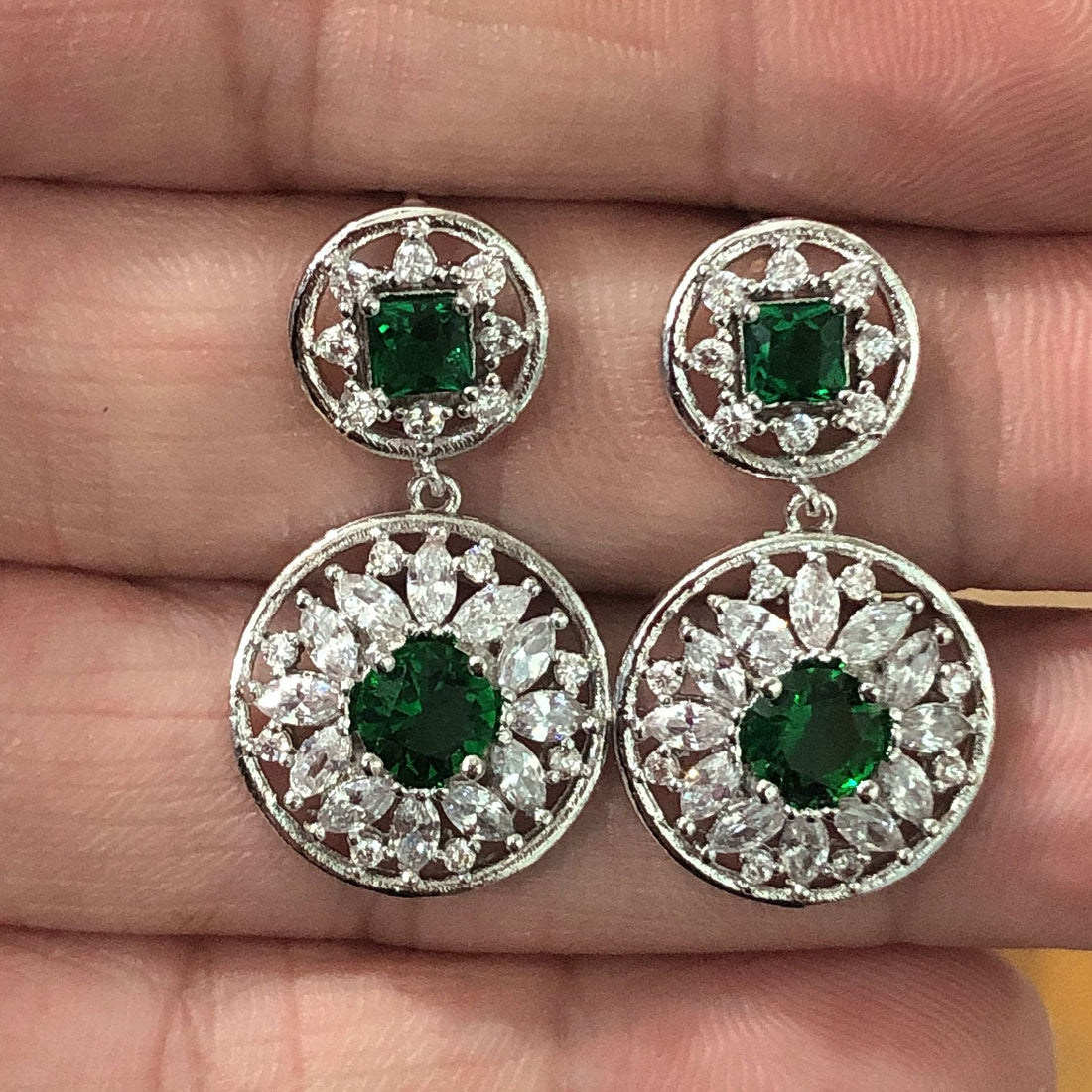 Emerald-Green CZ Sunburst Medallion Drop Earrings