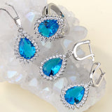 Aqua Pear CZ Halo Jewelry Set