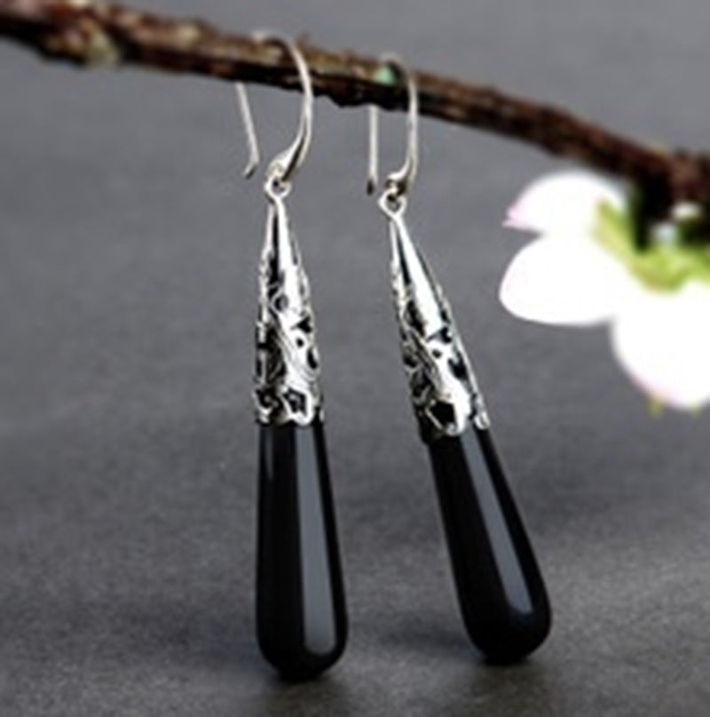 Black Teardrop Filigree Cap Drop Earrings