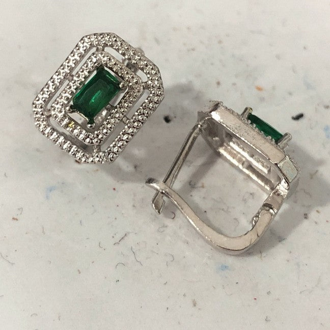 Emerald-Green Baguette CZ Double-Halo Leverback Earrings
