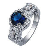 Sapphire-Blue Oval CZ Baguette Halo Ring