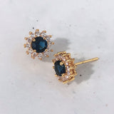 Sapphire-Blue Round CZ Sunburst Gold Stud Earrings