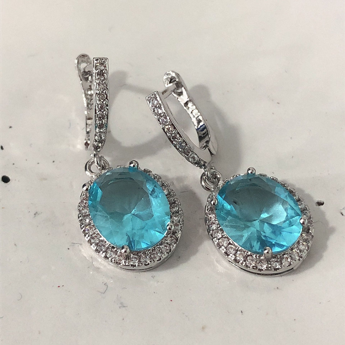 Aqua Oval CZ Halo Pavé Drop Earrings
