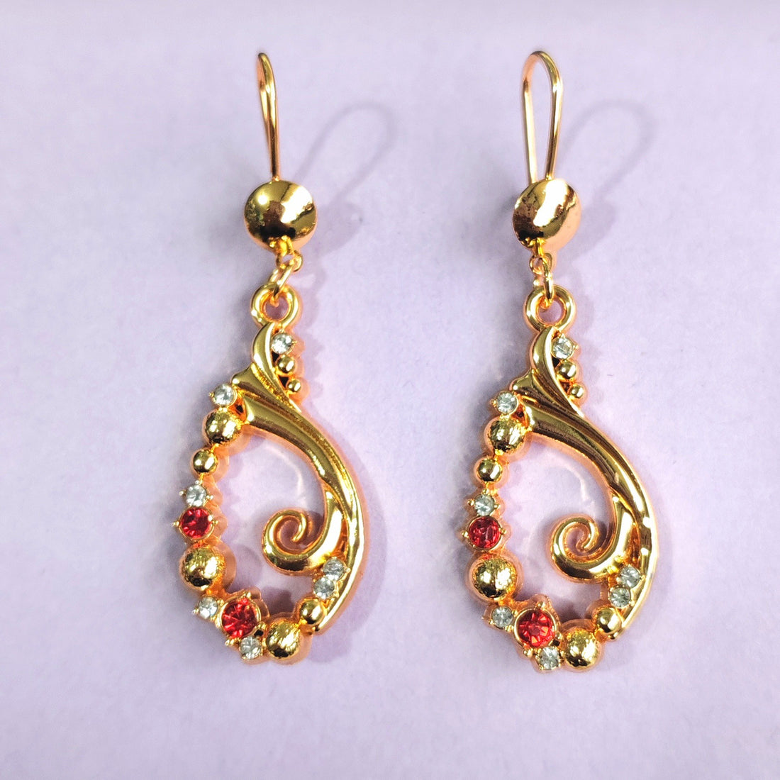 Red CZ Scroll Swirl Teardrop Earrings
