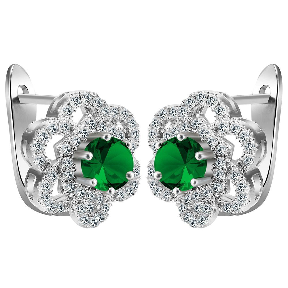 Green Round CZ Openwork Flower Leverback Earrings