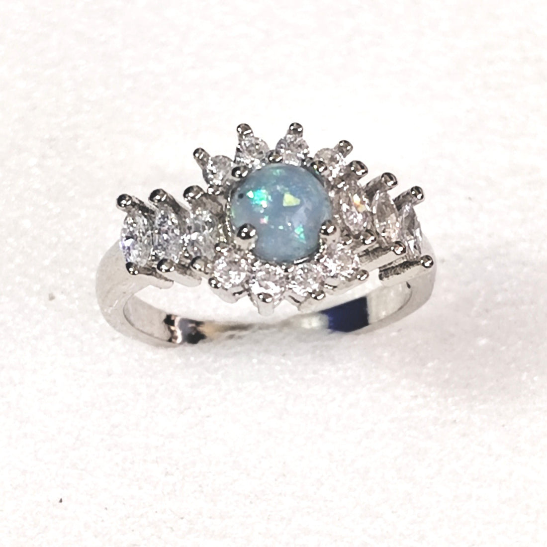 Blue Opal-Look Marquise CZ Crown Ring