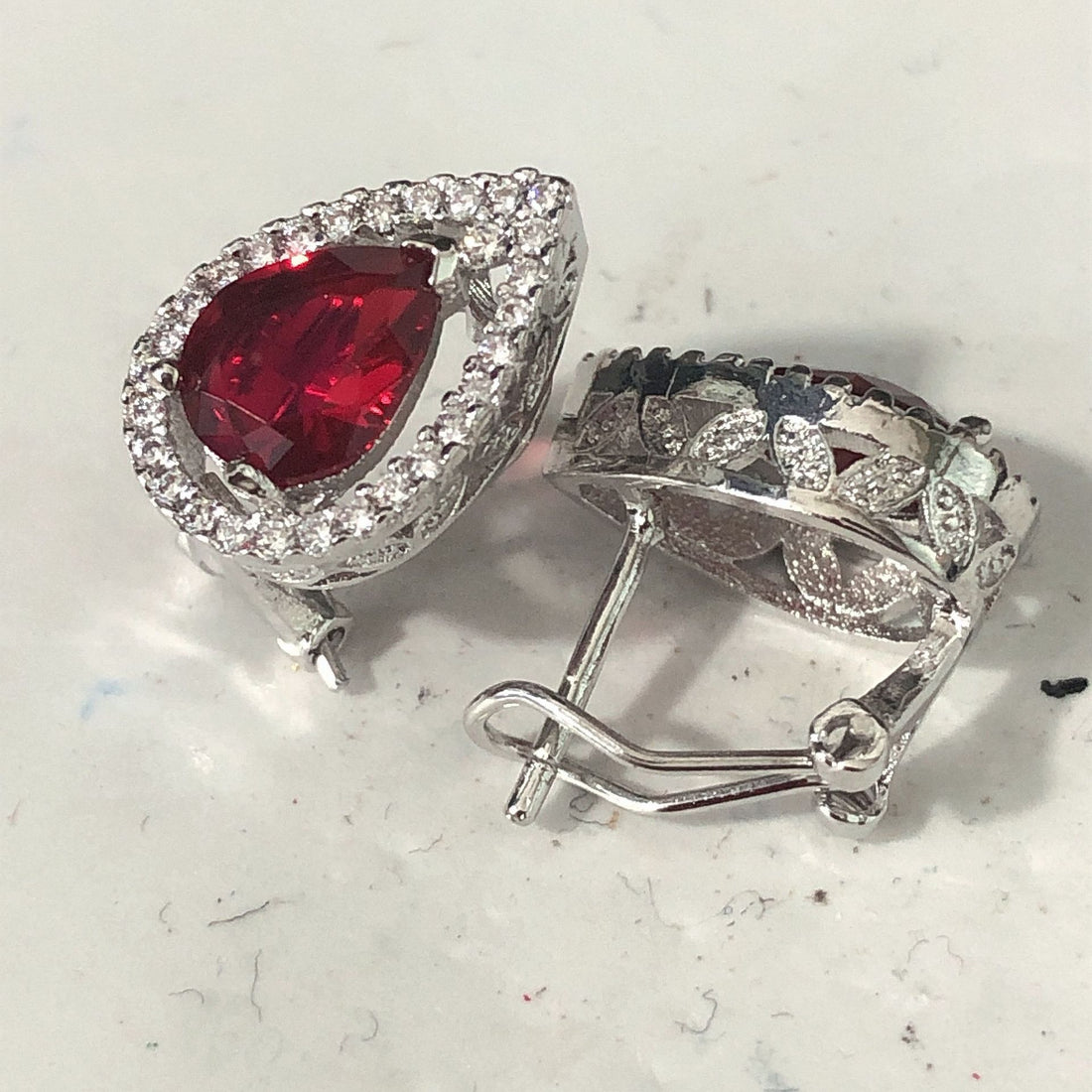 Ruby-Red Pear CZ Halo Clip-Back Earrings