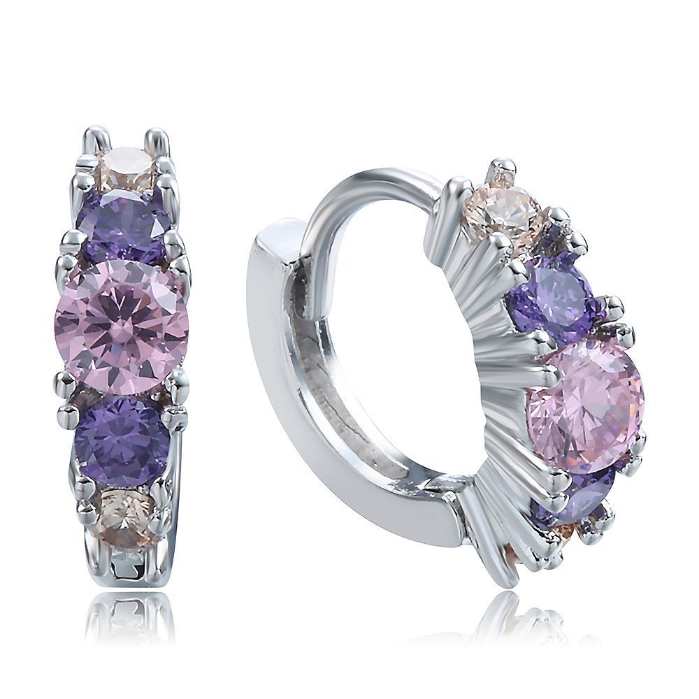 Purple and Lavender Round CZ Huggie Hoop Earrings