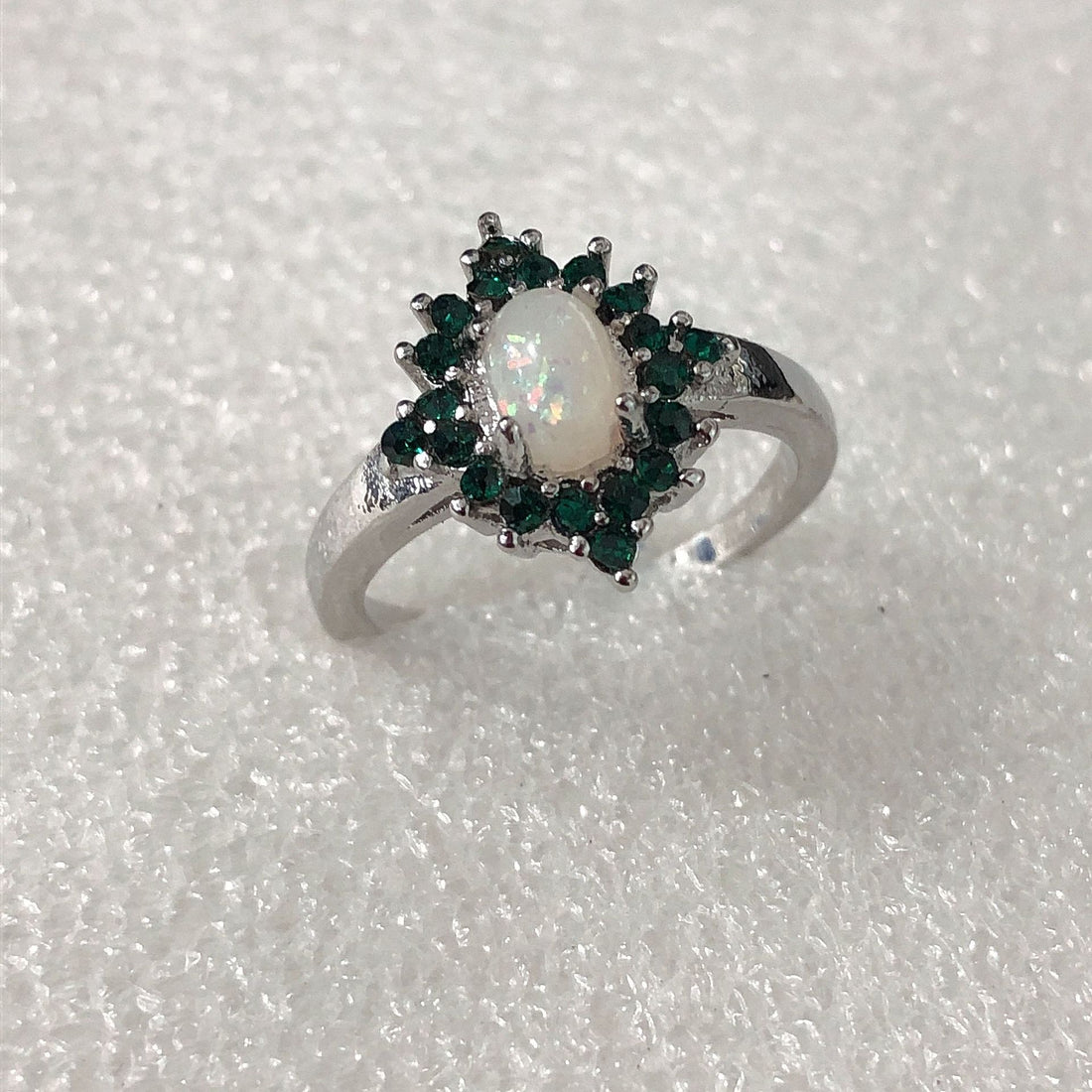 Opal-Look Oval Emerald-Green CZ Cluster Ring