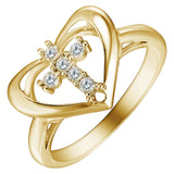 Gold Heart Outline CZ Cross Ring