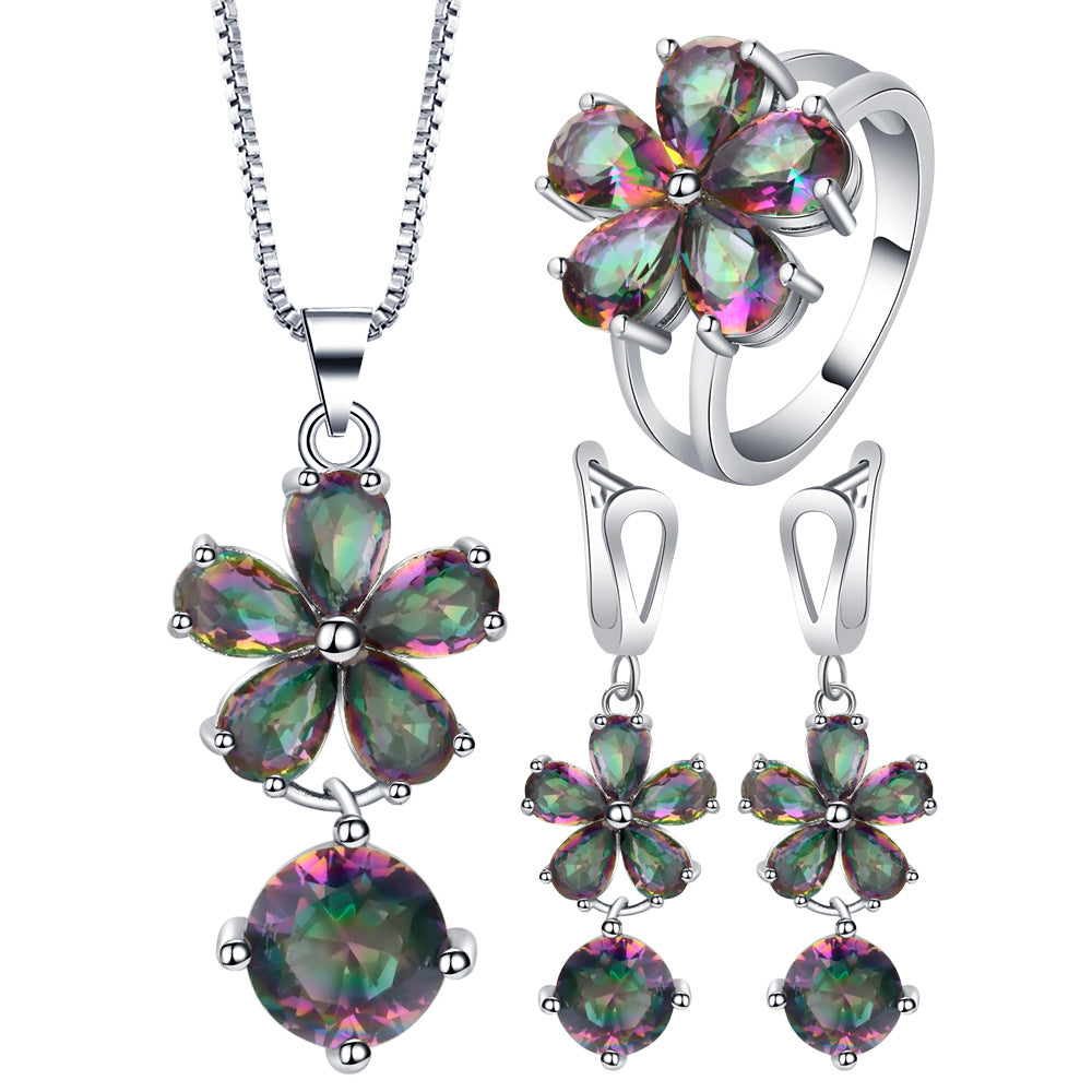 Rainbow CZ Flower Drop Jewelry Set