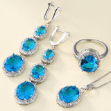 Aqua Oval CZ Halo Triple-Drop Jewelry Set
