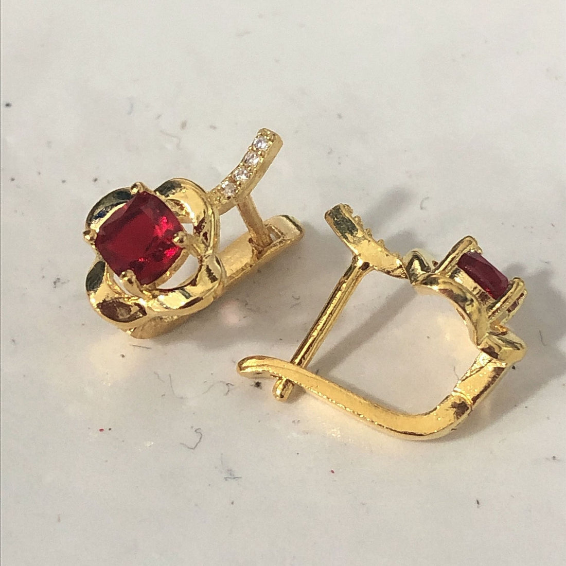 Ruby-Red Square CZ Gold Lever-Back Earrings