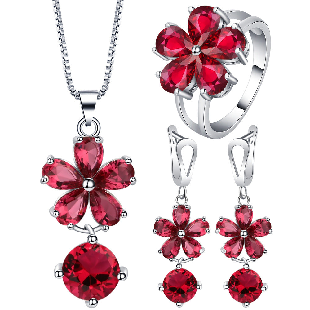 Ruby-Red CZ Flower Jewelry Set