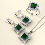 Emerald-Green Square CZ Starburst Halo Jewelry Set