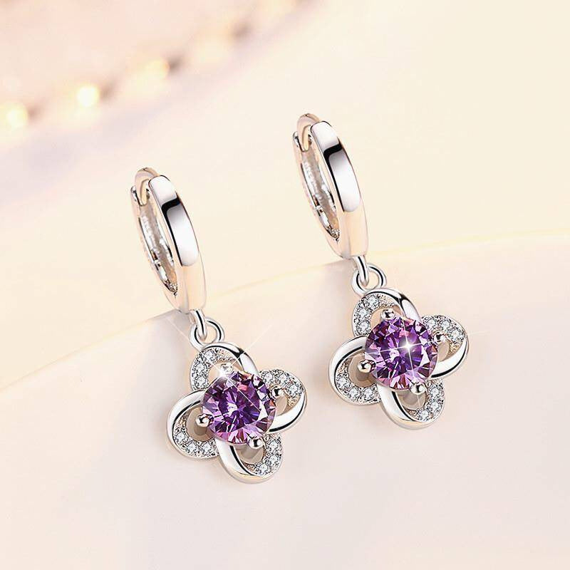 Purple CZ Four-Leaf Clover Huggie Drop Earrings