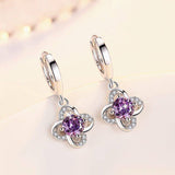 Purple CZ Four-Leaf Clover Huggie Drop Earrings