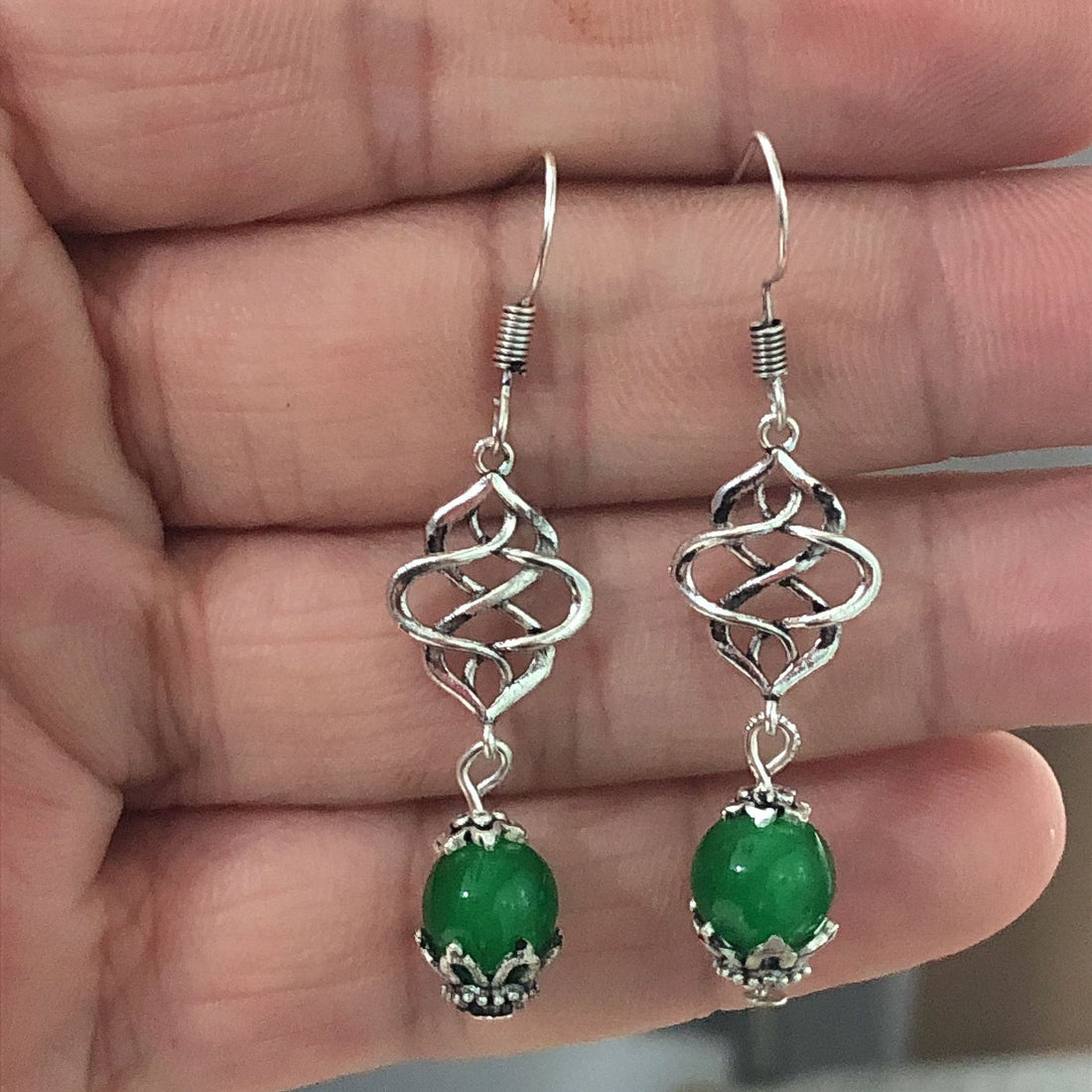 Green Bead Celtic Knot Hook Drop Earrings