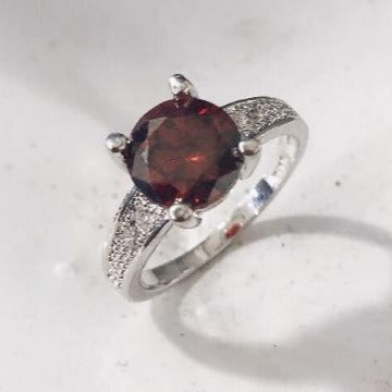 Garnet-Red Round CZ Solitaire Ring
