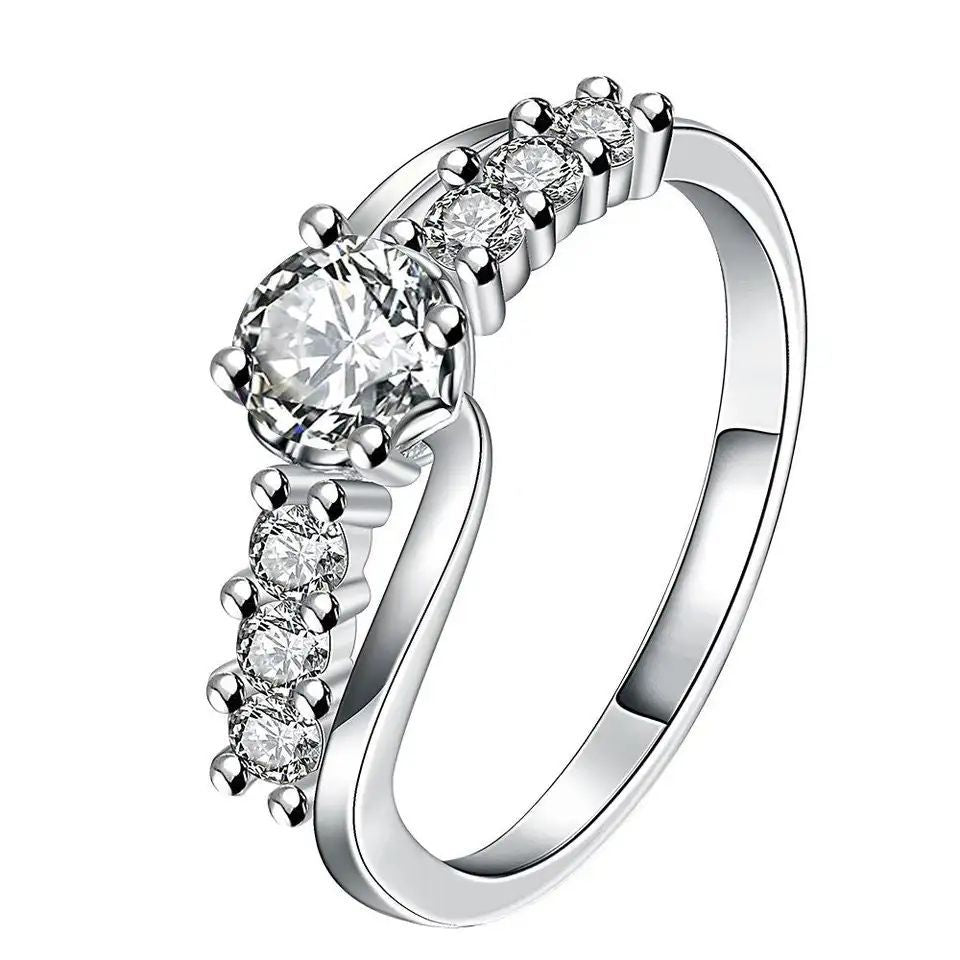 Round CZ Solitaire Curved Pavé Band Ring
