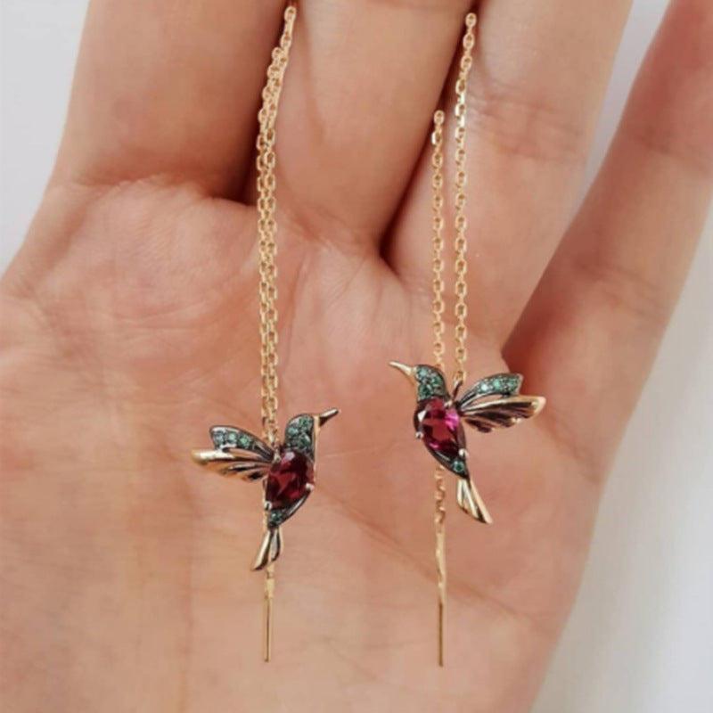 Red CZ Hummingbird Threader Earrings