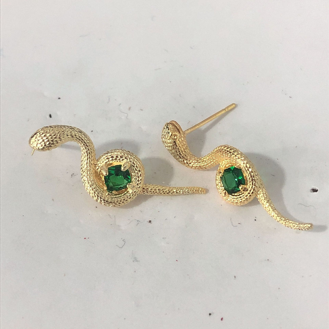 Emerald-Green CZ Gold Snake Stud Earrings