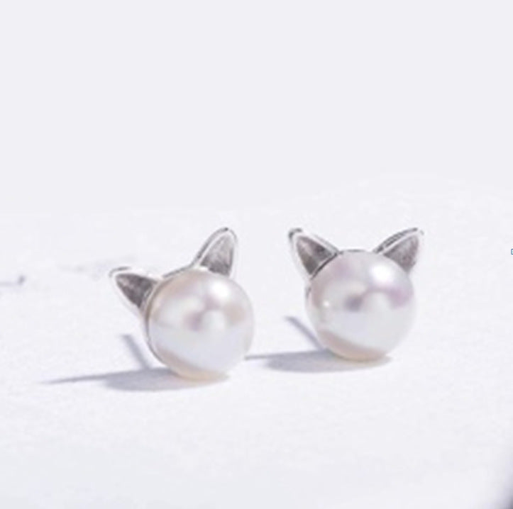 Pearl-Look Cat Ear Silver Stud Earrings
