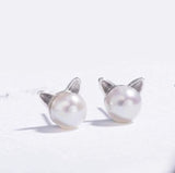 Pearl-Look Cat Ear Silver Stud Earrings