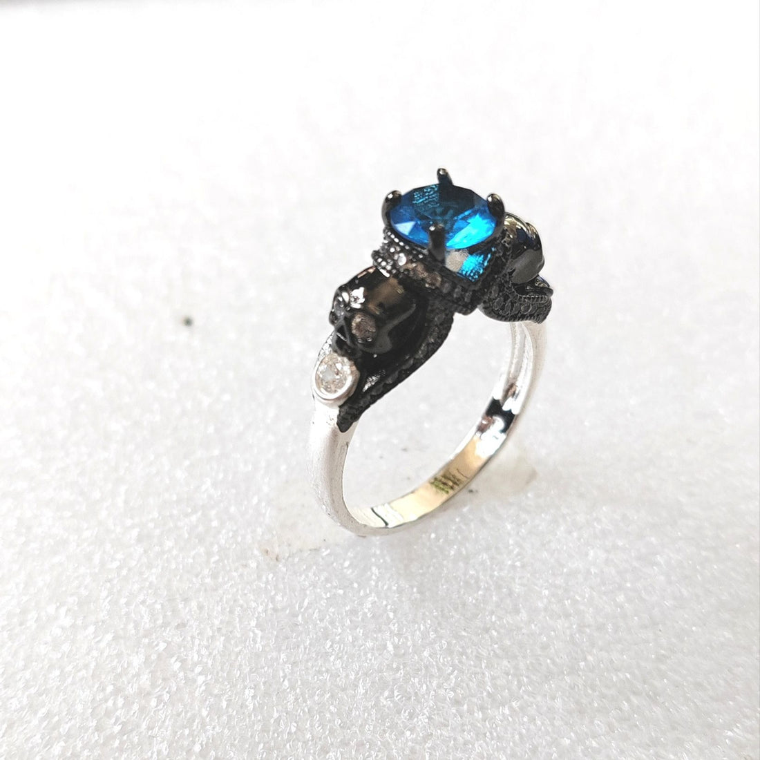 Blue CZ Skull Shoulder Two-Tone Ring