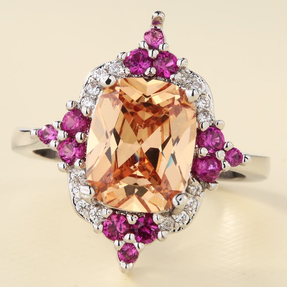 Champagne Cushion CZ Pink Cluster Ring