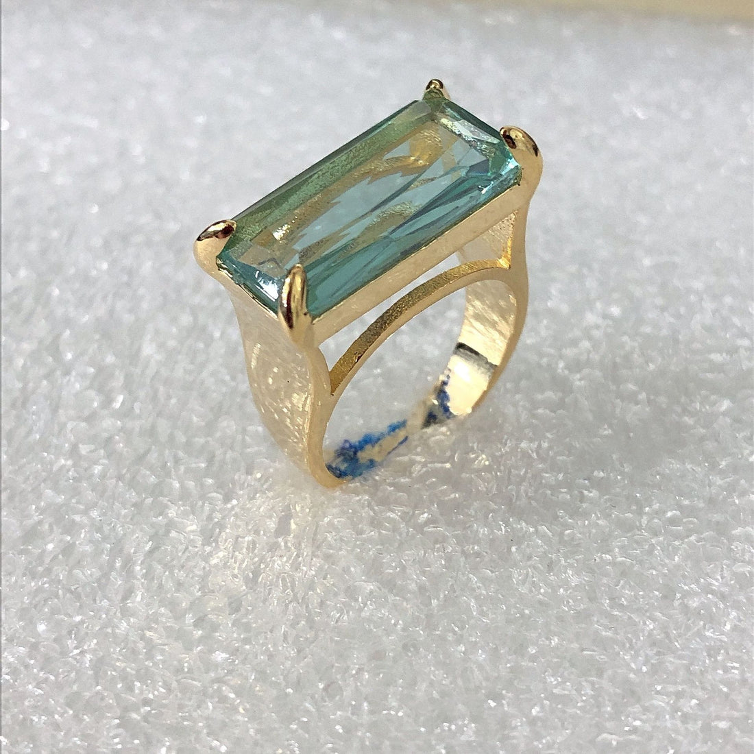 Aqua Rectangle CZ Gold Cage Ring