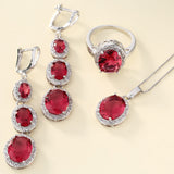 Ruby-Red Oval CZ Halo Triple-Drop Jewelry Set