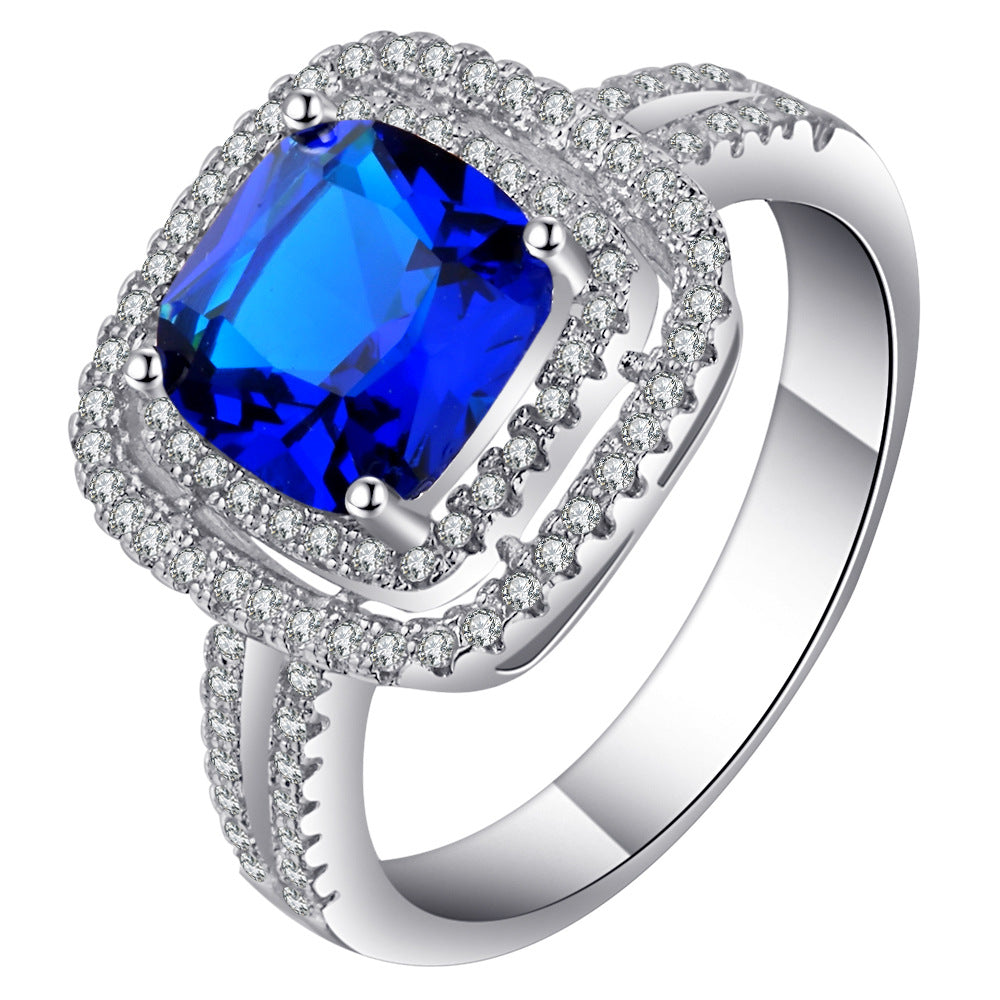 Sapphire-Blue Cushion CZ Double Halo Ring