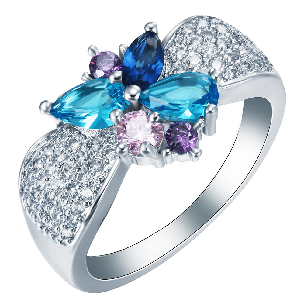 Aqua and Purple CZ Flower Cluster Pave Ring