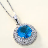 Aqua Round CZ Double Halo Pendant Necklace