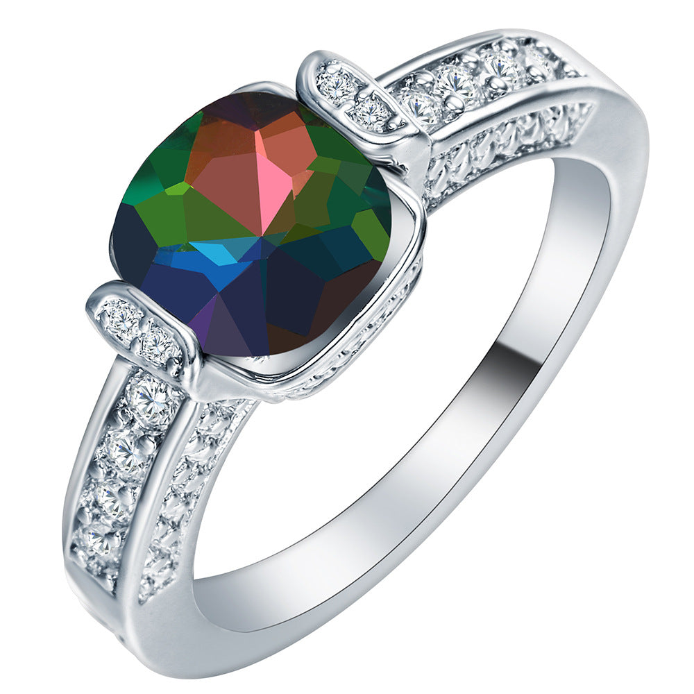 Rainbow Mystic Cushion CZ Pavé Ring