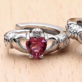 Pink Heart CZ Claddagh Hands Huggie Earrings