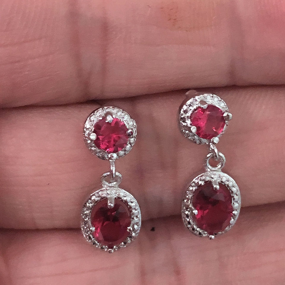 Ruby-Red Round and Oval CZ Halo Drop Earrings