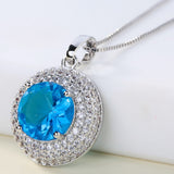 Aqua Round CZ Double Halo Pendant Necklace