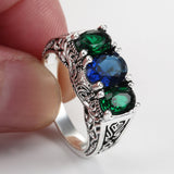 Green and Blue Three-Stone Filigree Ring
