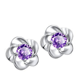 Purple Round CZ Swirl Petal Flower Stud Earrings