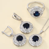 Sapphire-Blue Round CZ Halo Jewelry Set