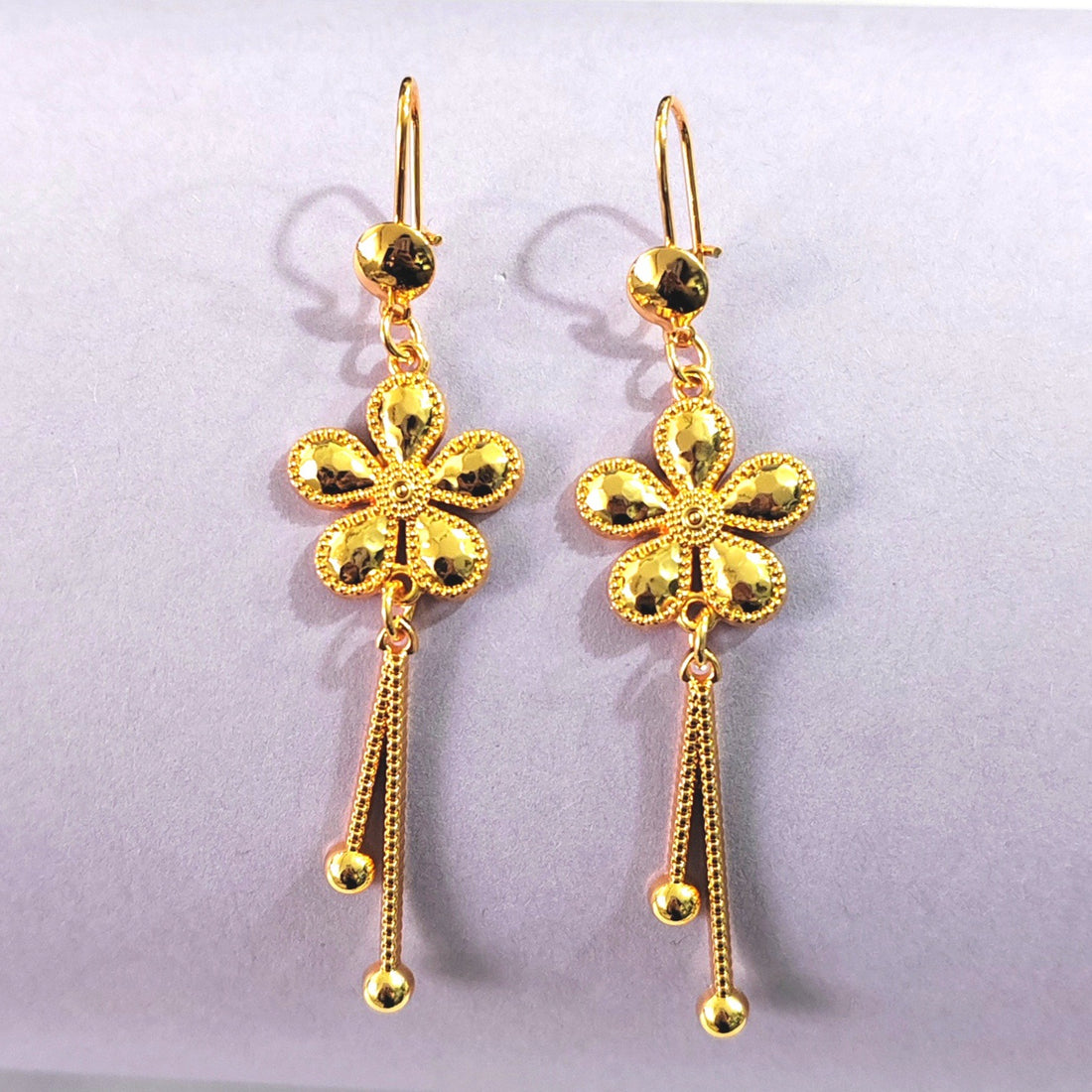 Gold Flower Bead Tassel Drop Earrings