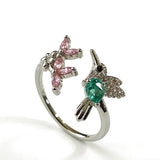 Hummingbird and Flower CZ Open Ring