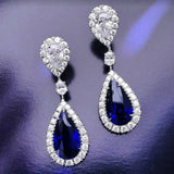 Sapphire-Blue Pear CZ Halo Long Drop Earrings
