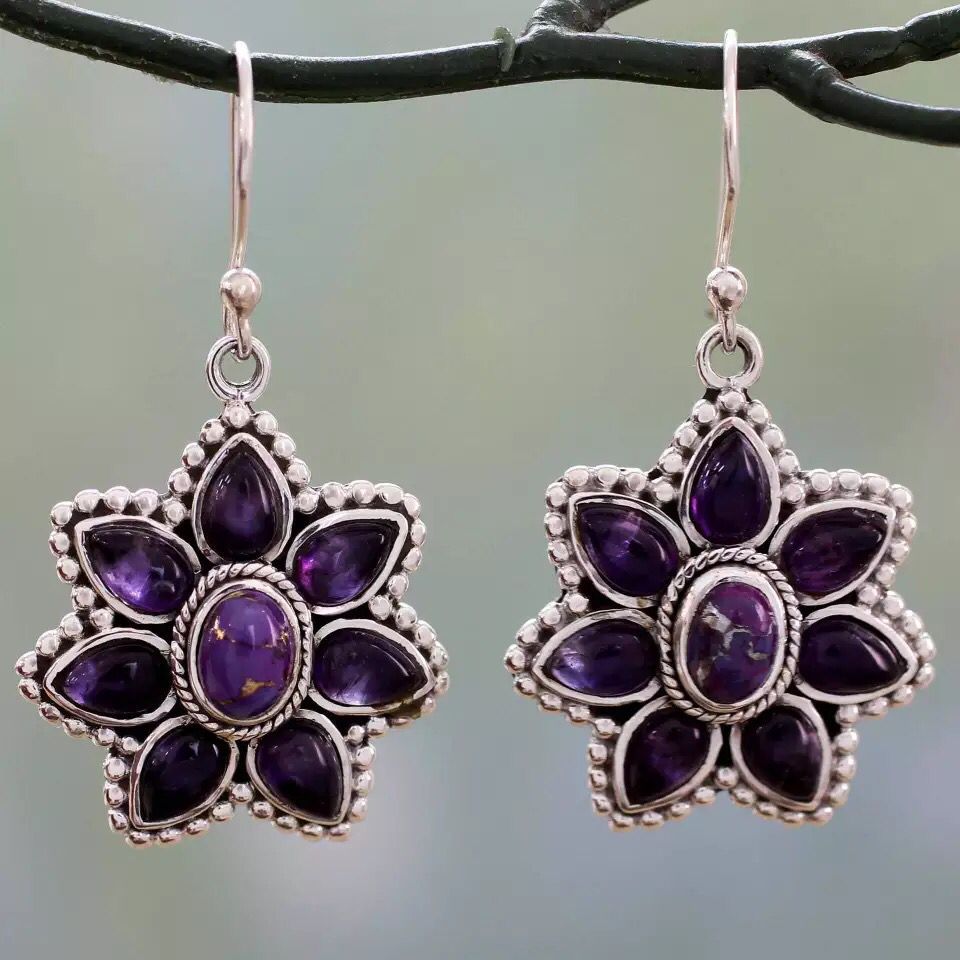 Purple Pear Stone Starflower Hook Earrings