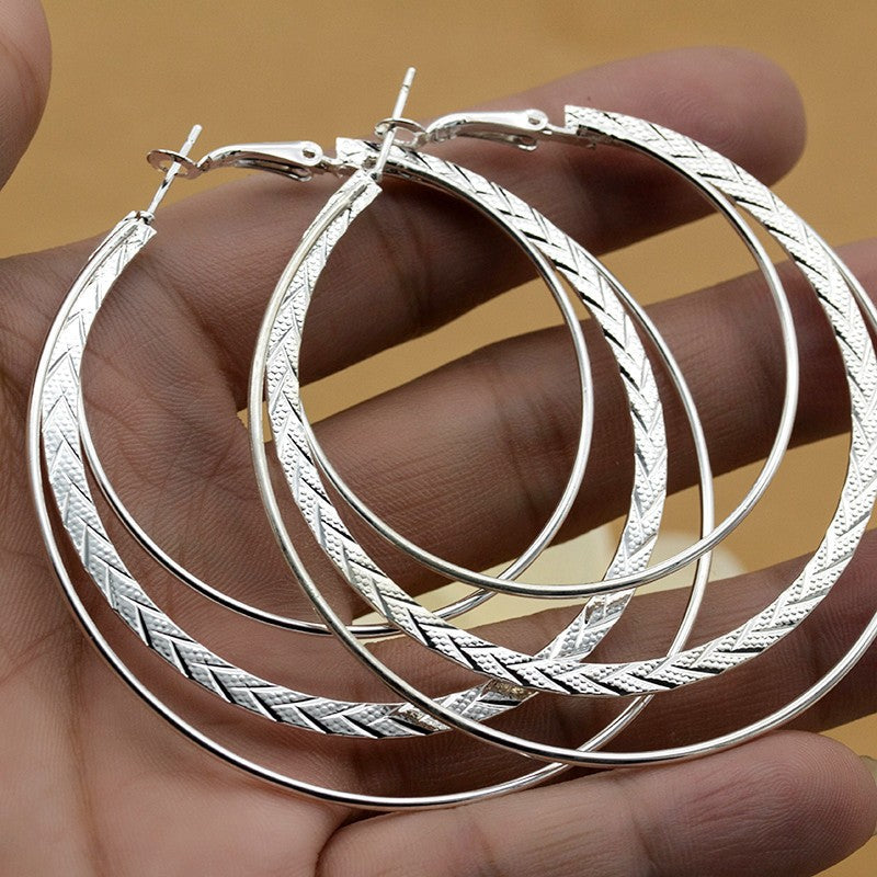 Silver Textured Triple Hoop Earrings