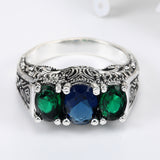 Green and Blue Three-Stone Filigree Ring