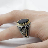 Black Oval Stone Crown Bezel Signet Ring